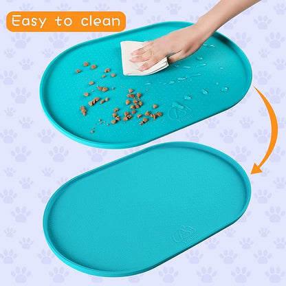 100% Waterproof 0.5" Raised Edge BPA Free Silicone Dog Food Mat, Pet Cat Feeding Mats Contain Spills Protects Floors, Placemats for Cats and Dogs Water Bowl Dishwasher. (Large/XL, Teal)