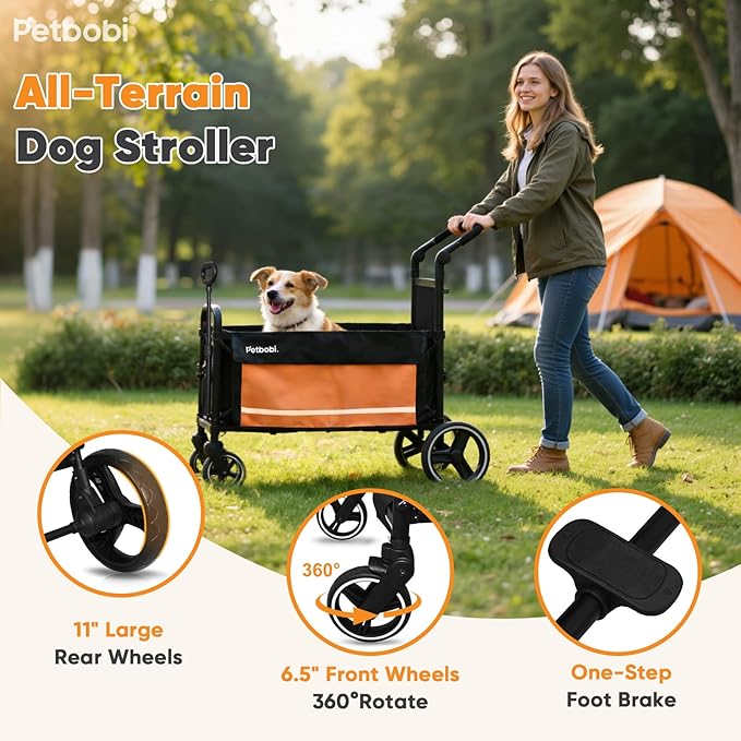 Petbobi 2-in-1 Dog Wagon Stroller for Large & Medium Dogs – Foldable Push & Pull Stroller with Ramp, 360° Swivel Wheels, Adjustable Handles & Safety Leashes for Walking Camping Parks