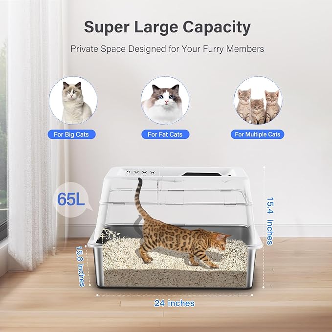 Stainless Steel Litter Box with Lid, XL Extra Large Enclosed Cat Litter Box Fits All Cats Modular Design with Flip Cover, Top Entry Metal High Sided Cat Box & Pedal & Scoop (White)