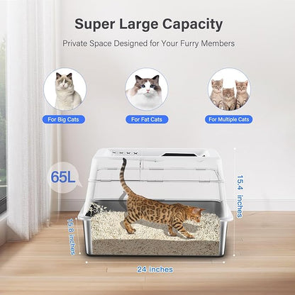Stainless Steel Litter Box with Lid, XL Extra Large Enclosed Cat Litter Box Fits All Cats Modular Design with Flip Cover, Top Entry Metal High Sided Cat Box & Pedal & Scoop (White)