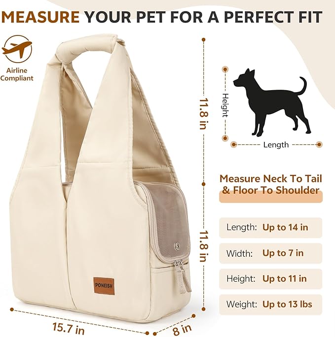 Dog Purse Carrier for Small Dogs and Cats, Soft-Sided Pet Tote Bag with 6 Large Pockets, Collapsible Travel Puppy Carrier, Fits Pets up to 13 lbs (Beige, 15.7" L x 8" W x 11.8" H)