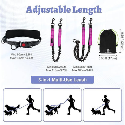 Hands Free Double Dog Leash for Two Dogs- No Tangle No Pull Dual Leash with Padded Adjustable Waist Belt & Reflective Stitching - Ideal for Running, Jogging, Hiking with Medium & Large Breeds