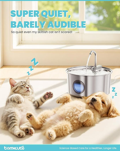 Cat Water Fountain Stainless Steel - 108oz/3.2L Large Capacity Cat Fountain for Drinking, Ultra Quiet Metal Pet Water Fountain for Cats, Dogs, Multiple Pets