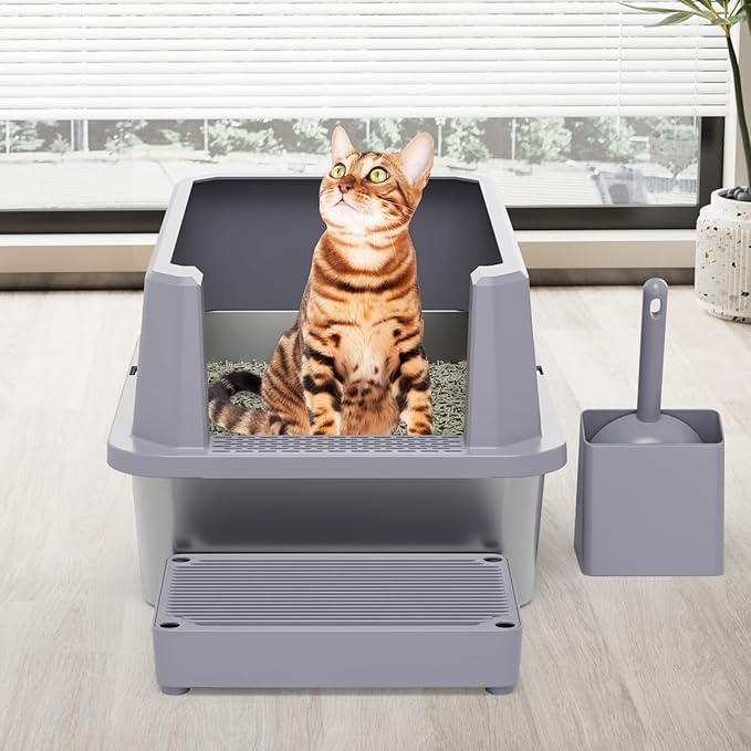 RIZZARI Open Cat Litter Box: Large Gray Stainless Steel Litter Pan 23.8" x 15.9" x 12.4" - High Sided Splash-Proof Easy Clean Toilet for Cats up to 20 lbs - Ideal for - Laundry Areas - Apartments
