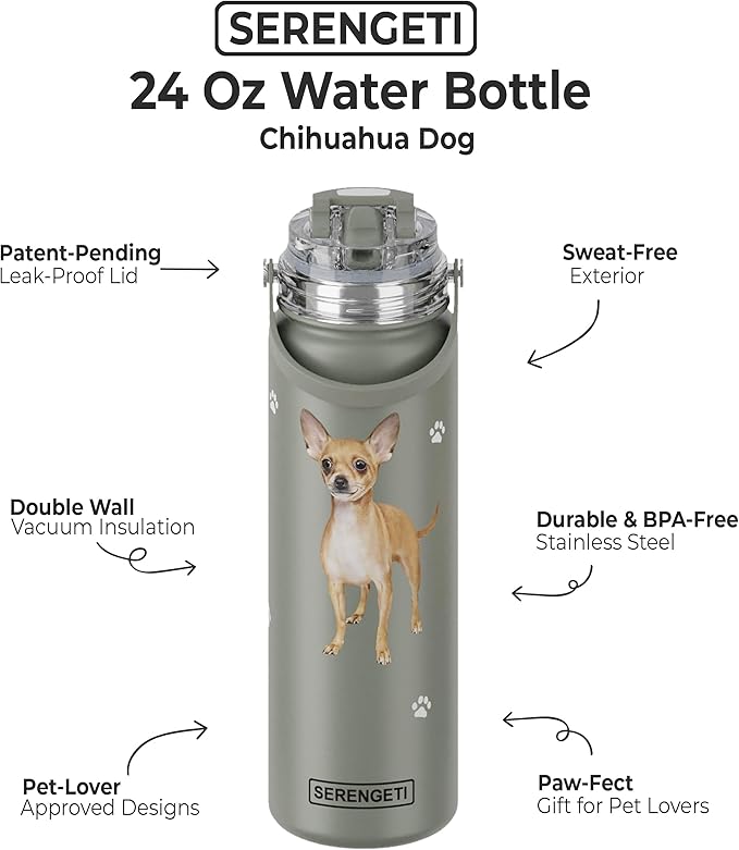 E&S Pets SERENGETI 24 Oz Water Bottle Stainless Steel with Spill Proof Lid - Double walled Vacuum Insulated water flask - Realistic 3D Print of your favorite dog (Chihuahua tan)