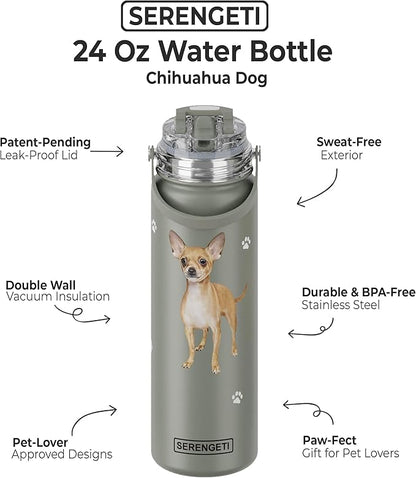 E&S Pets SERENGETI 24 Oz Water Bottle Stainless Steel with Spill Proof Lid - Double walled Vacuum Insulated water flask - Realistic 3D Print of your favorite dog (Chihuahua tan)