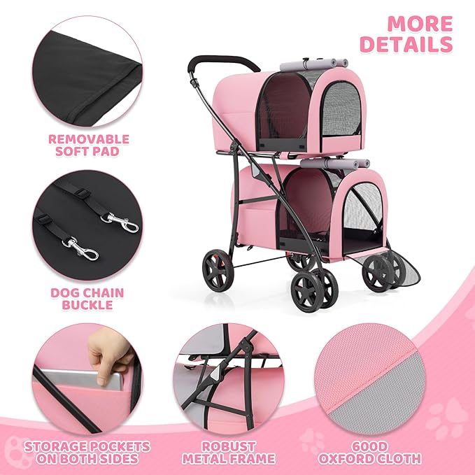 Magshion Double Dog Stroller with 2 Detachable Carrier Bags, 4-Wheel Folding Pet Travel Strolling Cart with Storage Pocket for Small-Medium Dogs & Cats Puppy, Pink Gray, Pink