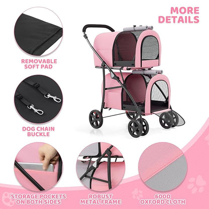Magshion Double Dog Stroller with 2 Detachable Carrier Bags, 4-Wheel Folding Pet Travel Strolling Cart with Storage Pocket for Small-Medium Dogs & Cats Puppy, Pink Gray, Pink