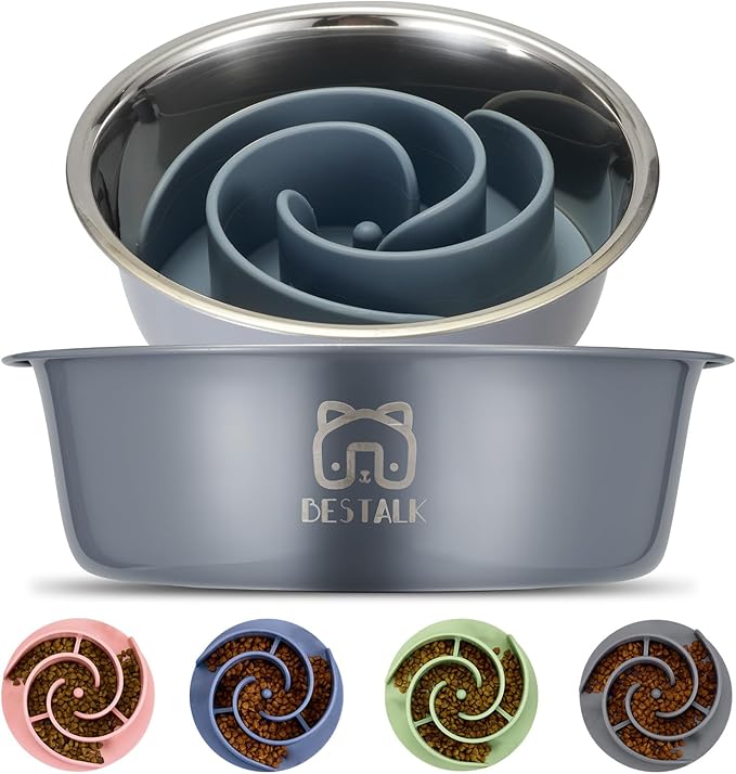 2-in-1 Metal Slow Feeder Dog Bowl, Bestalk Stainless Steel Dog Bowls with Silicone Slow Feeder Insert, Food Grade 304 Water Food Bowl with Anti-Slip Base for Small, Medium, Large Dogs