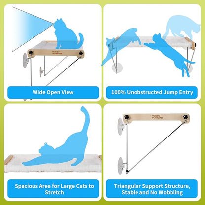 HoneyGuardian Cat Window Prech,Metal Support from Below with 4 Suction Cups, pet Bed, cat Window Hammock for Large Cats and Kittens