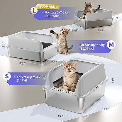 Stainless Steel Cat Litter Box for Kittens, 2 Pack Metal Kitty Litter Box with Scoop, Easy to Clean, No Stains, Anti-Leakage -Small (17.2" L x13.2 W x10.3 H)