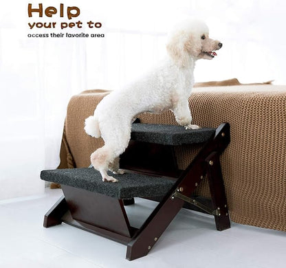 MEWANG Wooden Pet Stairs/Pet Steps - 2-in-1 Foldable Stairs & Ramp for Beds and Cars - Portable Dog/Cat Ladder Up to 110 Pounds - Great for Small and Older Animals(Brown) (17.3" L x 17.24" W x 13" H)