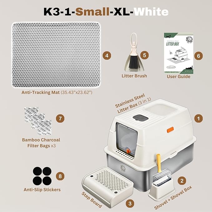 XL Stainless Steel Litter Box with Lid, Fully Enclosed 6" Deep Metal Cat Litter Box, Leak-Proof, Clumping Litter for Large, Multi-Cats, with Litter Mat, Scooper & Brush (6'' White XL)