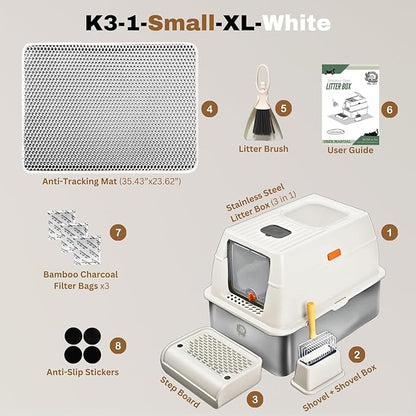 XL Stainless Steel Litter Box with Lid, Fully Enclosed 6" Deep Metal Cat Litter Box, Leak-Proof, Clumping Litter for Large, Multi-Cats, with Litter Mat, Scooper & Brush (6'' White XL)