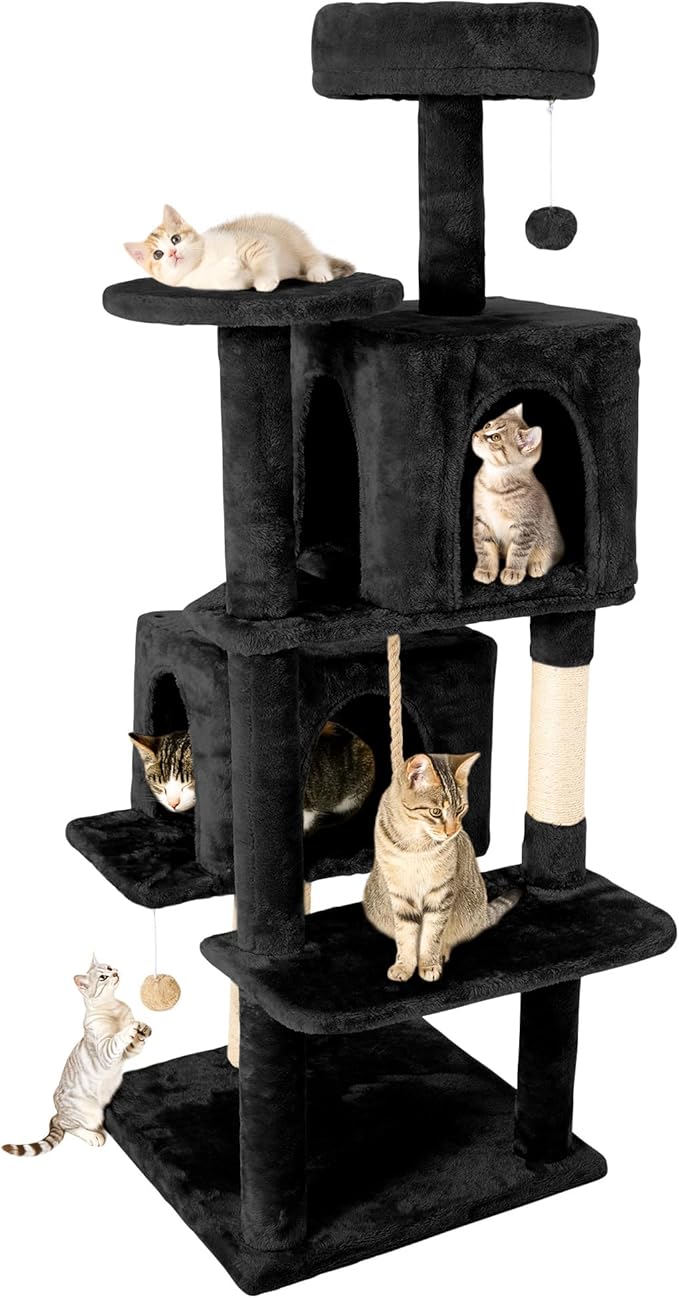 58in Large Cat Tree Tower for Indoor Cats with Soft Plush Hang Ball, Two Condos, Sisal Scratch Posts & Rope Play for Kittens/Adult Cats, Black