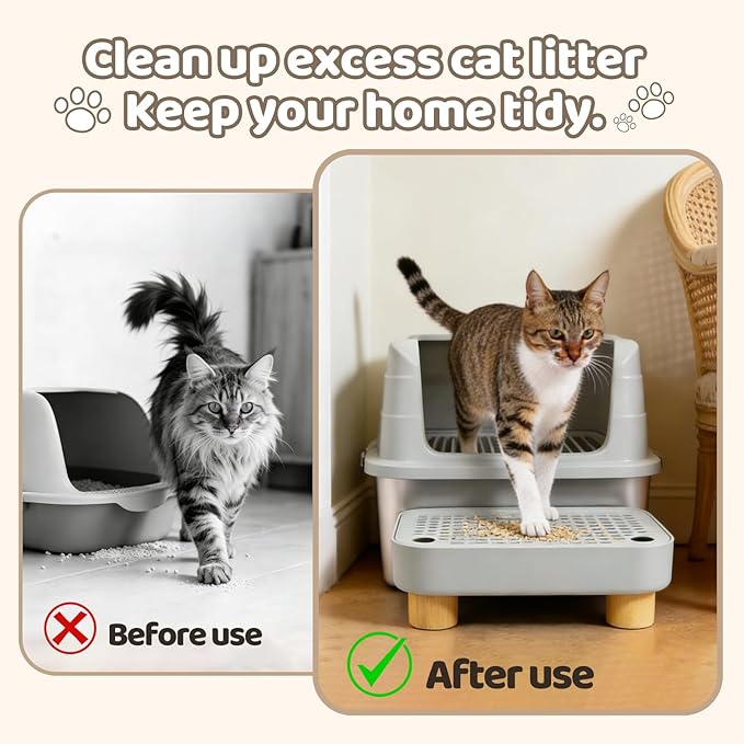 Cat Litter Box Step for Automatic/Self-Cleaning Litter Boxes - Anti-Tracking Catcher Ramp with Filter, Non-Slip Wooden Base, Easy Clean for Kittens & Elderly Cats