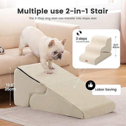 Gardner Pet Dog Stairs for Small Dogs 16.5" H, 2 in 1 Transformable 3-Step Pet Stairs and Dog Ramp for Couch (13-20 in), Beige Adjustable Pet Steps with Non-Slip Waterproof Cover and CertiPUR-US Foam