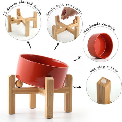 Petygooing Elevated/Raised 15°Slanted Ceramic Dog Bowl for Small and Medium Breeds, Tilted Anti Slip Pet Feeding Bowl,Food Water Dish with Stand for Cats and Dogs (28 OZ/3.6 Cups) Rust Red