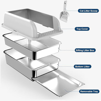 23.6"x15.7"x6" Stainless Steel Litter Box with Lid, XL Sifting Litter Box for Pine Pellets with Removable Drawer Pan for Easy Cleaning, High Sides Large Metal Litter Box System for Big Cats