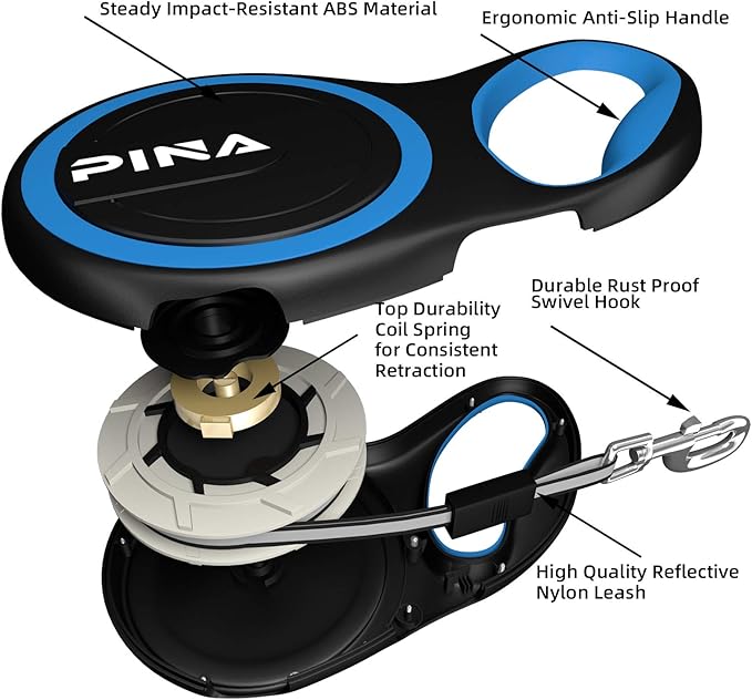 PINA Retractable Dog Leash, 26ft Dog Leash for Small Medium Large Dogs Up to 110lbs, 360° Tangle-Free Strong Reflective Nylon Tape, with Anti-Slip Handle, One-Handed Brake, Lock - Black Blue