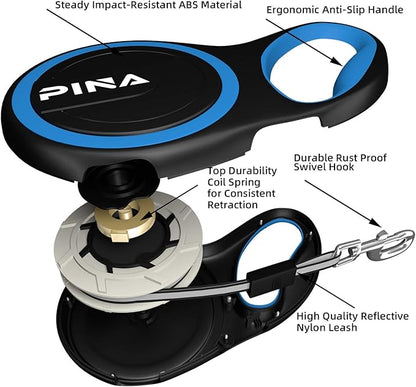 PINA Retractable Dog Leash, 26ft Dog Leash for Small Medium Large Dogs Up to 110lbs, 360° Tangle-Free Strong Reflective Nylon Tape, with Anti-Slip Handle, One-Handed Brake, Lock - Black Blue
