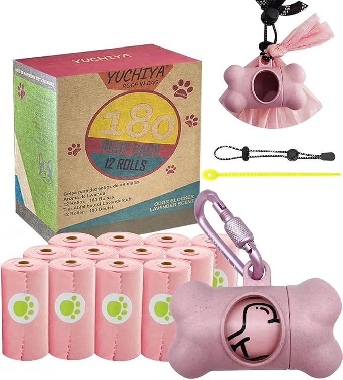 Dog Poop Pickup Bags Holder Dispenser with Standard-Sized Leak-Proof Scented Doggy Waste Bags and Carabiner with Safety Lock&Fastener Never Loose on Leash Lead Again (1 Holder 195 Bags, Pink)