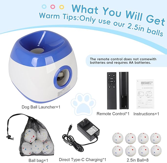 FAHKNS Automatic Ball Launcher for Large Dogs: 40/60/80FT Distance Dog Ball Thrower with Remote Control, 3 Adjustable Distances & Random Mode, 8 Pack 2.5" E-TPU Balls Included