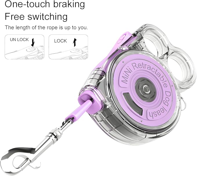 Retractable Dog Leash for Small Dogs, 10ft Retractable Leash for Puppies Up to 26 lbs, 360° Tangle-Free Heavy Duty Nylon Tape, One-Handed Brake Pause Lock, Reflective Strip for Safe Night Walking