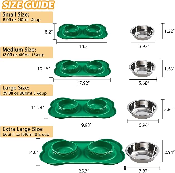 Hubulk Pet Dog Bowls 2 Stainless Steel Dog Bowl with No Spill Non-Skid Silicone Mat + Pet Food Scoop Water and Food Feeder Bowls for Feeding Small Medium Large Dogs Cats Puppies (Large, Hunter Green)