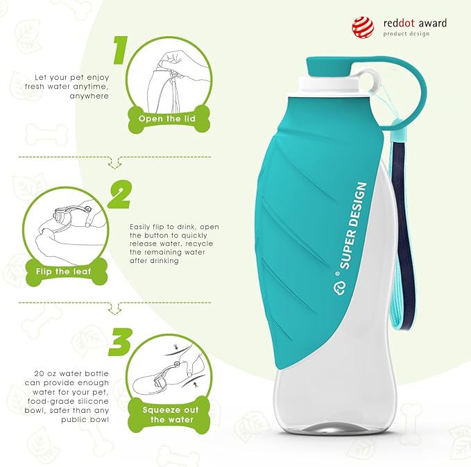 SUPERDESIGN Dog Water Bottle, Portable Dog Water Bottle for Small to Large Dogs, Leak Proof Dog Travel Water Bottle, Small Leaf Travel Water Bowl for Dogs and Dog Walking Accessories (19.6OZ, Blue)