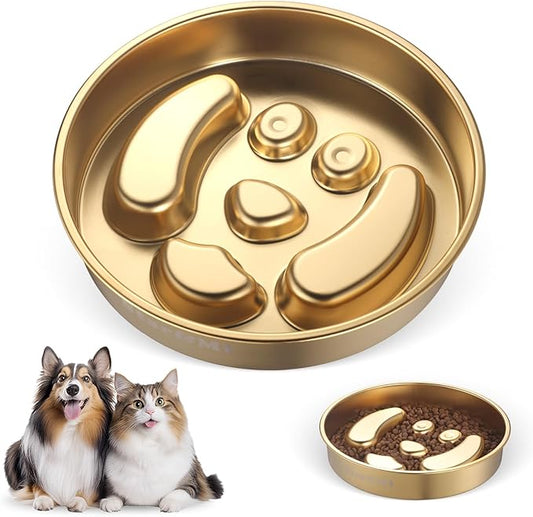 Golden Stainless Steel Slow Feeder Dog Bowls – Non-Slip Metal Dog Bowl for Large & Medium Breeds, Puppy Puzzle Feeder – 2 Cup Capacity for Small to Big Pets – Durable Slow Feed Dog & Cat Food Dish