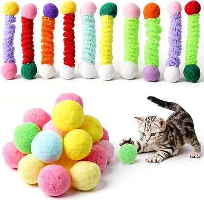 30 Pcs Cat Pom Pom Balls,1.2 Inch Soft Cats Puff Ball Toys with 12 Fabric Cat Springs Fuzzy Balls for Cats Playing Exercising,Assorted Colors