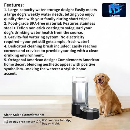 Sfozstra Large Dog Water Dispenser: 9L Gravity Black Gravity Water Feeder - Dishwasher-Safe Stainless Steel Bowl - Easy Clean - for Medium/Large Dogs - Multi-Pet Homes - Garage/Garden/Patio