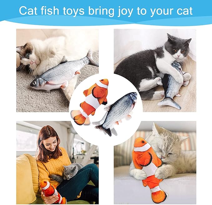 Tocirelo Interactive Cat Toys Flopping Fish with Catnip, Moving Cat Toys for Indoor Cats 2Pack, 11" Electric Automatic Kitten Kicker Exercise Toy, Wiggle SilverVine Floppy Fish for Small Dogs, Kitten