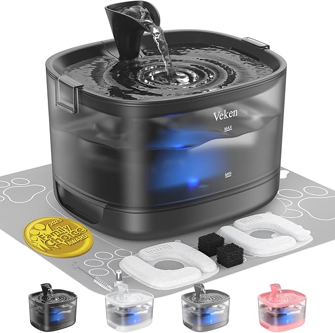 Veken Cat Water Fountain with Detachable Tank & Secure Clips, Easy to Clean & Assemble, 84oz/2.5L Pet Drinking Dispenser with Quiet Operation & LED Light, Gifts, Cats, Dogs and Small Pets, Black