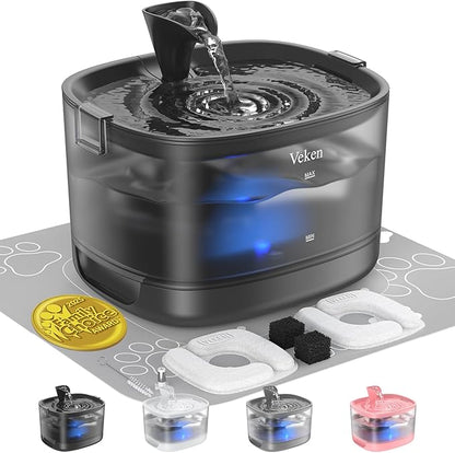 Veken Cat Water Fountain with Detachable Tank & Secure Clips, Easy to Clean & Assemble, 84oz/2.5L Pet Drinking Dispenser with Quiet Operation & LED Light, Gifts, Cats, Dogs and Small Pets, Black