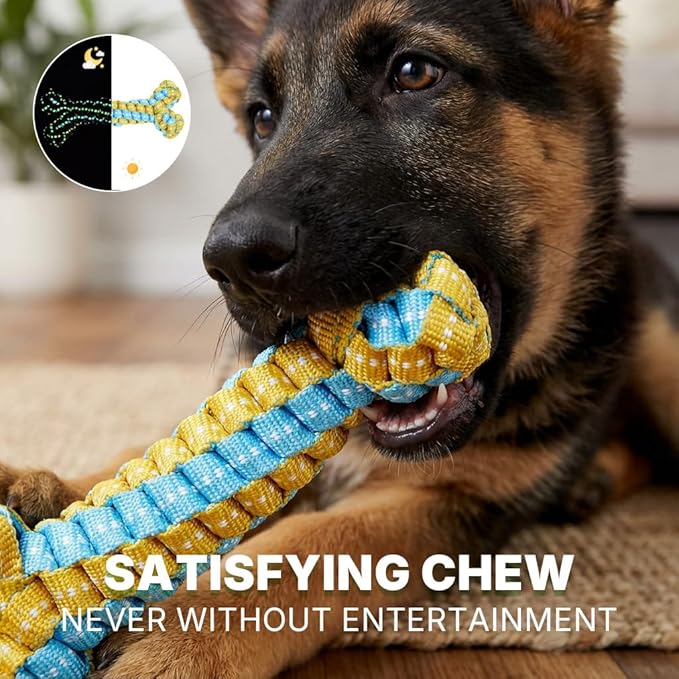 Knot Rope Dog Bone Toy - Glow in The Dark Interactive Dog Chew Toy, Pet Teeth Cleaning Dental Toy for Small, Medium, and Large Dogs - Durable Material, 8.6 inches