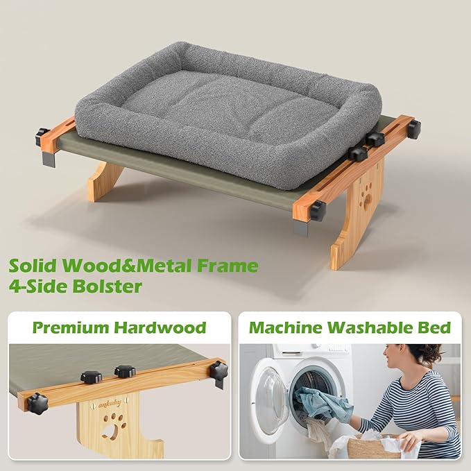 Cat Sill Window Perch Sturdy Hammock Window Seat with Cushion Bed Cover, Wood & Metal Frame for Large Cats, Easy to Adjust Cat Bed for Windowsill, Bedside, Drawer and Cabinet (M)
