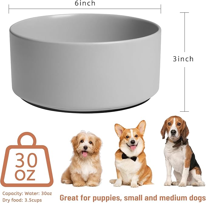Ceramic Dog Bowls, Non Slip Dog Food and Water Bowl with Silicone Base, Heavy Duty Feeding Bowl for Small and Medium Dogs (Grey, 6 Inches)