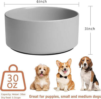 Ceramic Dog Bowls, Non Slip Dog Food and Water Bowl with Silicone Base, Heavy Duty Feeding Bowl for Small and Medium Dogs (Grey, 6 Inches)