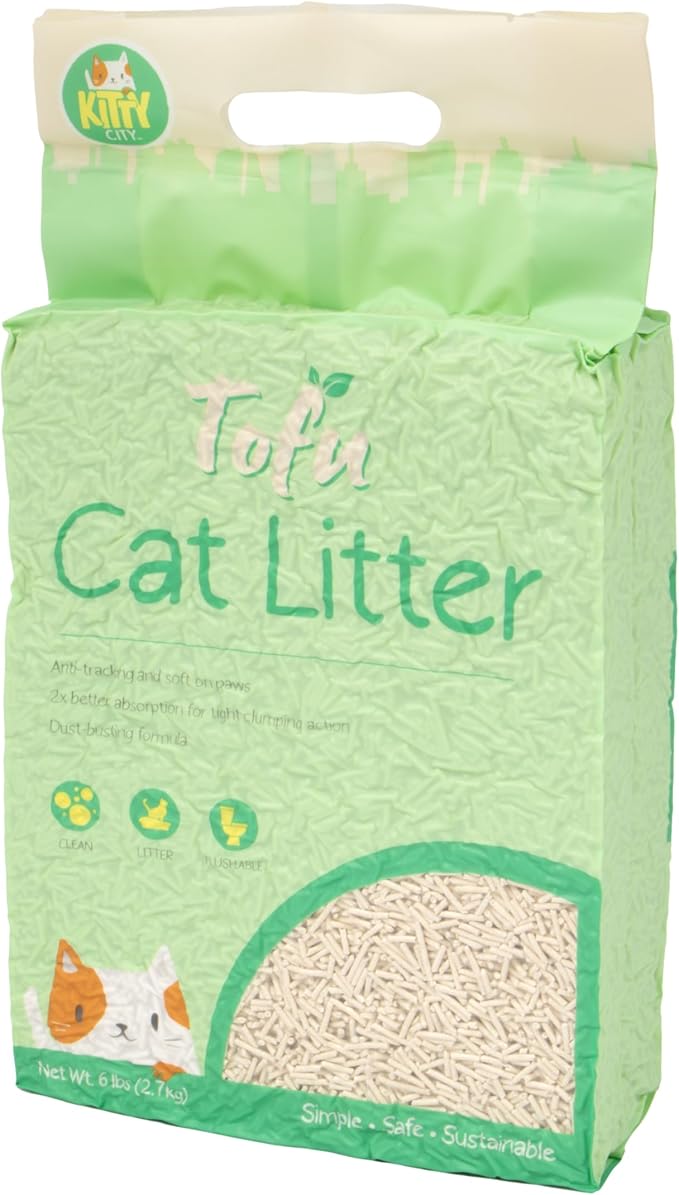 Kitty City Tofu Cat Litter, 100% Natural Plant-Based Formula, Fast Clumping, Low Dust, Flushable & Super Absorbent, Lightweight Cat Litter, 6 lb