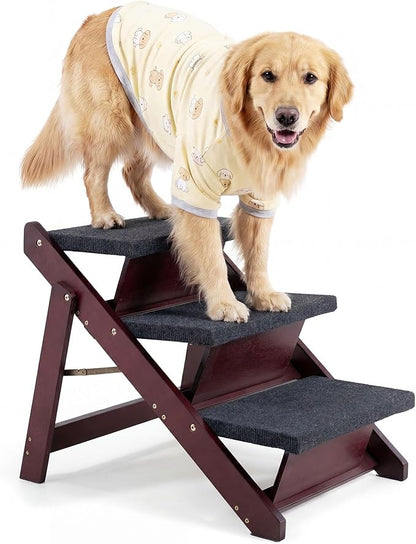 MEWANG Wooden Pet Stairs/Pet Steps - 3-in-1 Foldable Stairs & Ramp for Beds and Cars - Portable Dog/Cat Ladder Up to 220 Pounds - Great for Small and Older Animals(Brown) (24.8" L x 17.2" W x 19.5" H)