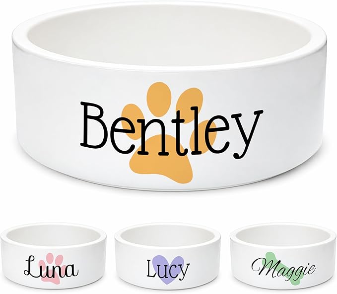 Custom Dog Bowl | Personalized Food & Water Dish with Name | Microwave & Dishwasher Safe Ceramic Pet Feeding Bowl | Gift Idea for New Puppy Owners | White – Large