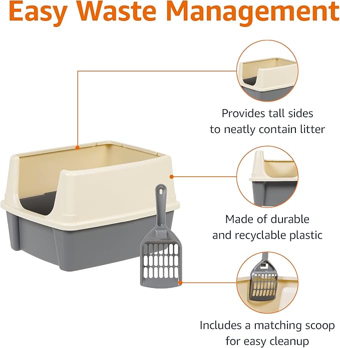 Amazon Basics Large Cat Litter Box with High Sides, Open Top for Easy Access, Includes Scoop with Storage, 19" x 15" x 11.75", Grey/Beige