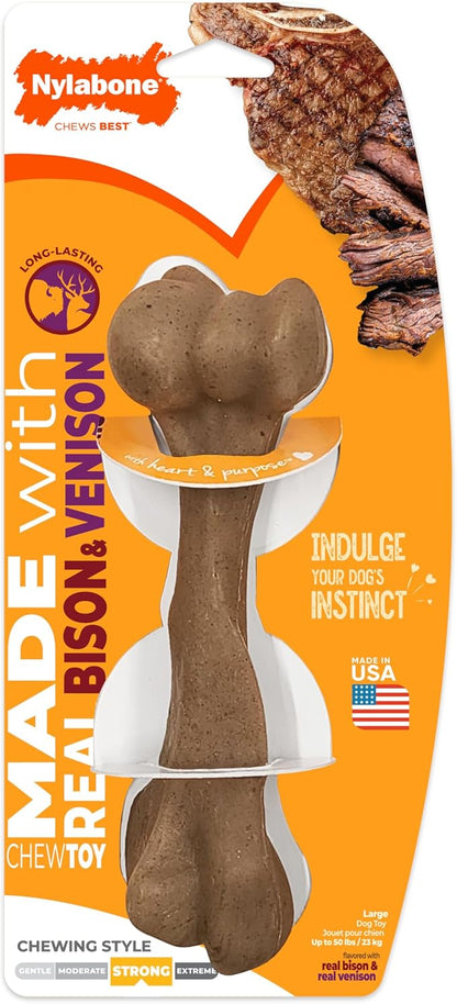 Nylabone Strong Chew Femur Bone Dog Toy Made with Real Bison & Venison, Durable Chew Toys for Aggressive Chewers, Long Lasting Dog Bone, Keeps Dogs Busy, Large Breeds - Up to 50 lbs