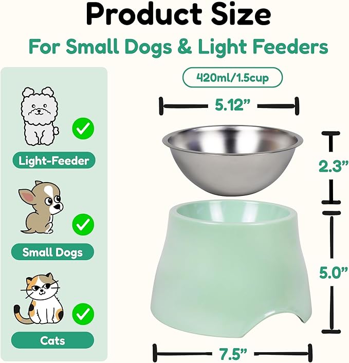 Elevated Spaniel Dog Bowl, Melamine Raised Dog Food Bowl for Long-Eared Dogs, Raised Dog Bowls for Small & Medium Dogs, Stainless Steel Inner Bowl, Non-Slip Base (Green, M (420 ML / 1.5 Cups))