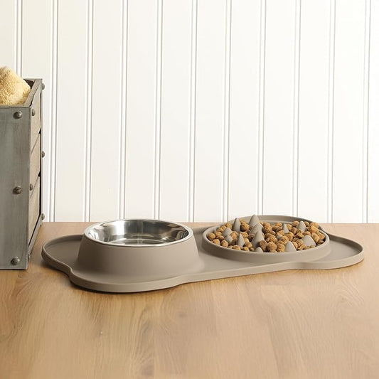 Gibson Home Curious Canines Slow Feeder Dog Bowl Set, 16” Bone Shaped Double Bowl, Silicone Base with Stainless Steel Insert, Anti-Gulp Feeding, Dishwasher Safe, Taupe
