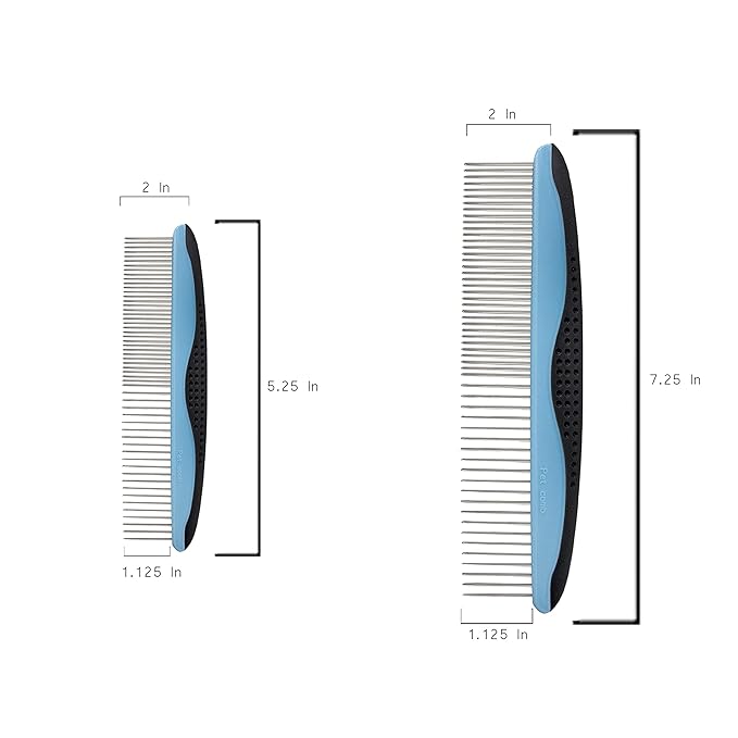 Pet Metal Comb for Dogs and Cats (2-Pack) - Stainless Steel Rounded Teeth for Painless Detangling - Dual-Spacing for Small & Large Pets with Comfort Grip Handle - Professional Grooming Tools