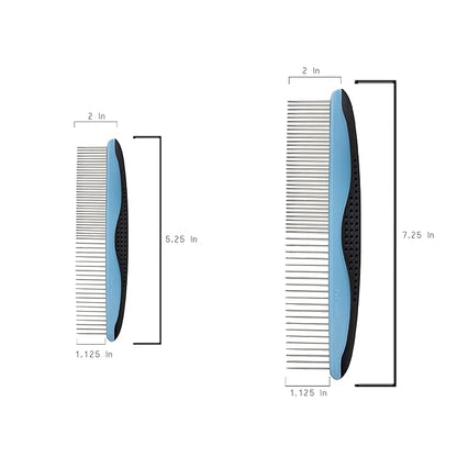 Pet Metal Comb for Dogs and Cats (2-Pack) - Stainless Steel Rounded Teeth for Painless Detangling - Dual-Spacing for Small & Large Pets with Comfort Grip Handle - Professional Grooming Tools
