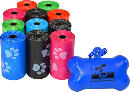 Downtown Pet Supply Poop Bags for Dogs with Dispenser, 220 Count - Leak-Proof Dog Waste Bags and Bone-Shaped Dog Poop Bags Holder for Leash - Rainbow with Paw Prints, 12.5" x 8.5"